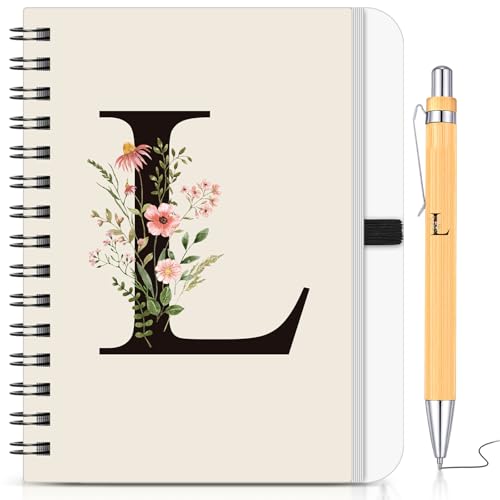 BBTO Set de Cuaderno y Bolígrafo Personalizado con Inicial L, Cuaderno Espiral Floral B6 con Bolígrafo de Bambú Diario Regalo para Mujeres Hombres Navidad Cumpleaños San Valentín Amigas Profesores