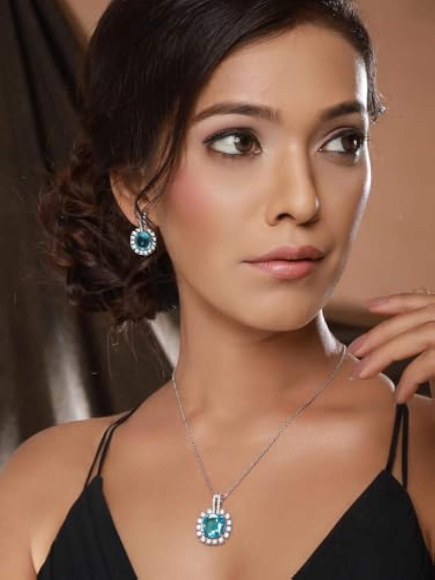 White Plated Aqua AD Studded Statement Locket Set