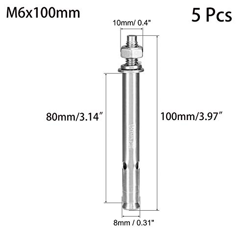Image of 5 Pcs M6 x 100mm 304 Stainless Steel Expansion Bolt External Hex Expansion Screw Bolt Sleeve Anchor，Pool Safety Cover Expansion Bolts，for Concrete