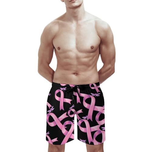 Breast Cancer Awareness Ribbon Dragonfly Men's Swim Trunks Quick Dry Board Shorts Hawaiian Beach Shorts With Pocket3