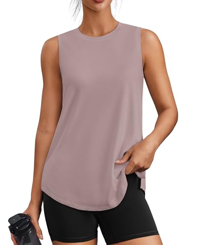 PINSPARK Workout Tank Top for Women Sleeveless Athletic Yoga Tops Crew Neck Quick Dry Running Tennis Shirt UPF 50+ Soft Sports Muscle Tank Warm Ash Grey Large