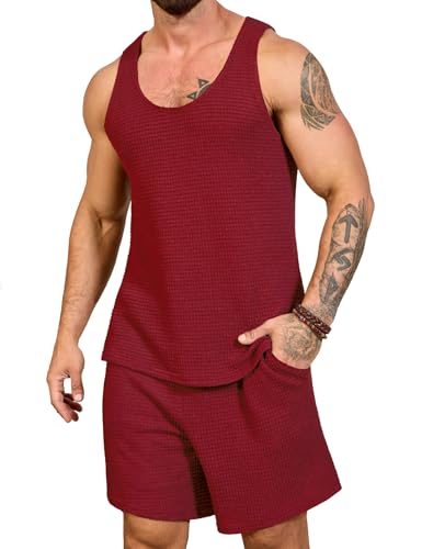 Image of Mens Waffle Shorts Sets 2 Piece Outfits Sleeveless Summer Beach Tank Tops and Shorts Casual Loungewear Sets Suits