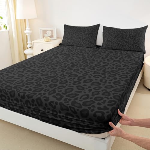 Castle Fairy African Cheetah Wildlife Fitted Sheet(No Flat Sheet),Full Size Gray Wild Animal Skin Collections,Leopard Print Bedding Deep Pocket for Children Teens Young with 2 Pillowcases