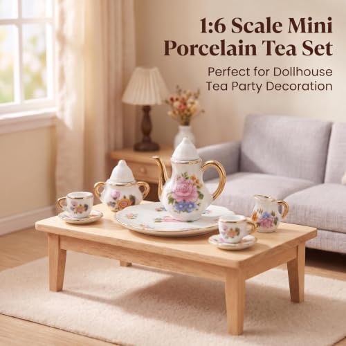 Image of Miniature Tea Set 1 /6 Scale Dollhouse Accessories Porcelain, Light Pink
