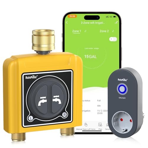 RAINPOINT Bewässerungscomputer WLAN 2 Ausgänge mit Messing einlass auslass,intelligenter Wassertimer für Gartenschlauch,Zeitschalter mit Regenverzögerung/manuelle/App Bewässerung,(Mit Hub)