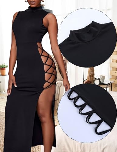 ROSVAJFY Damen Rave Outfits Sexy Ärmelloses Hochgeschlitztes Bodycon Kleid Halloween Kleider (XL)