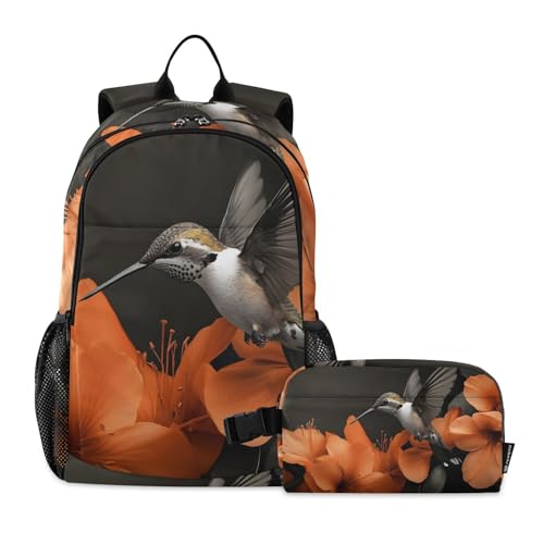 Travel Backpack Lunch Bag Set for Hiking Picnic, Backpacks with Insulated Lunch Box Hummingbird Floral Print