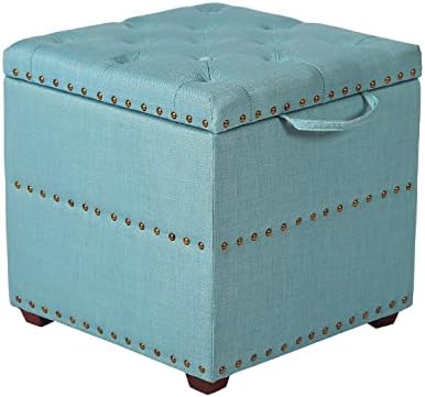 Adeco Fabric Ottoman with Storage Chest and Footrest - Square Ottoman with Tray(Blue-2) Small