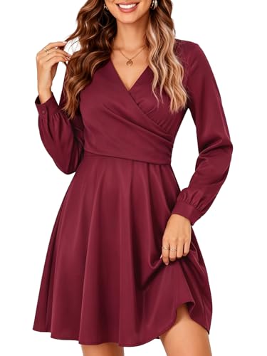 baronshion Women's Mini Party Dresse Sexy V Neck Long Sleeve Satin Silk Dress Elegant Flowy Cocktail Dress Burgundy