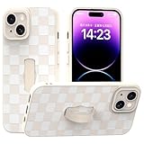 Yeddabox for iPhone 15 Case with Finger Strap Kickstand, Checkered Phone Case Full Camera Protection Shockproof Soft TPU and Hard PC Back Cover for Women Men, White