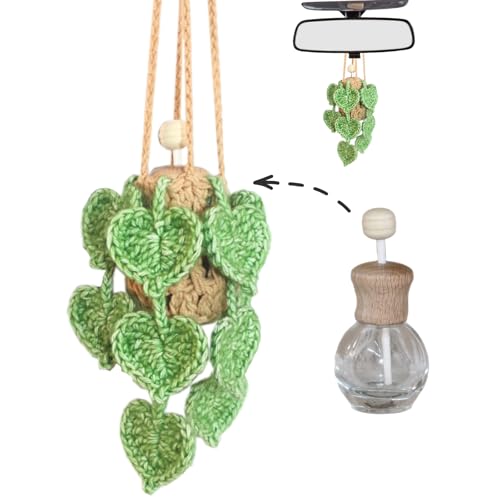 ROFIGL Handmade Crochet Hanging Car Air Freshener- Lifelike Green Pothos for Hanging with 12ml Thick Refillable Glass Diffuser Bottle, Suitable Decor for Car Rearview Mirror, Home & Wellness Spaces