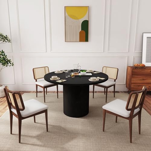 Image of QHITTY Fluted Round Dining Table, 47-inch Wood Kitchen Table for 4, Farmhouse Circle Tabl with Strip Base for Kitchen, Living Room, Black