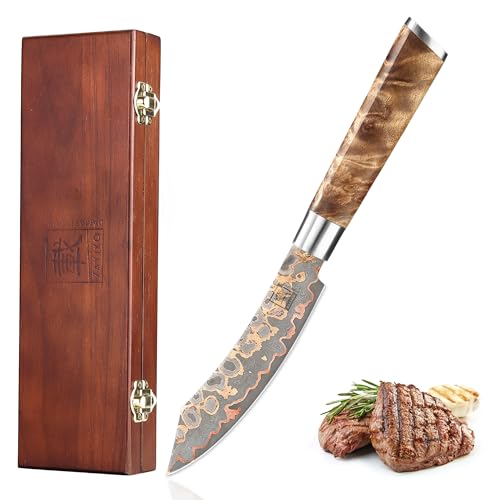 zayiko MysticMagma Steakmesser I 13 cm Klinge aus Damaststahl mit Kupfer- und Bronze-Einlage I DualCurve Griff aus Ahornwurzelholz I Holzbox