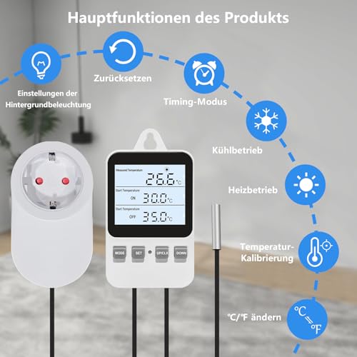 Digitaler Plug in Thermostat Steckdose, Heizen Kühlen Elektrischer Temperaturregler, Heizen Kühlen Schalter mit Sensor, für Inkubation Heizmatte Reptilien Gewächshäuser Terrarium, 230V 16A