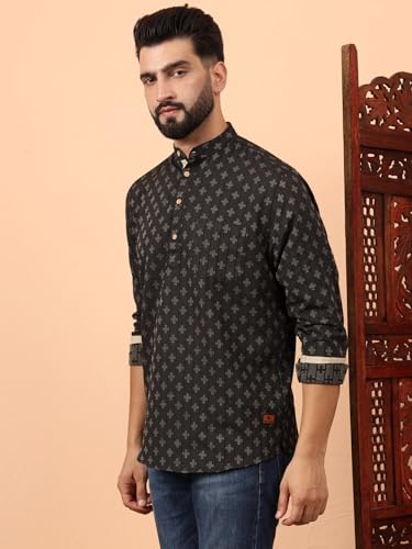 Image of LATEST CHIKAN Men's Cotton Regular Self Design Short Kurta Full Sleeves - Casual Ethnic Wear