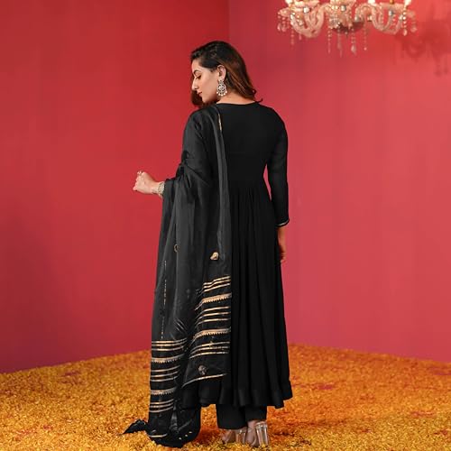 Image of GoSriKi Women's Rayon Viscose Anarkali Solid Kurta with Pant & Dupatta | Soft Comfortable Fabric | Elegant Flared Ethnic Wear Set for Festive Casual Office Daily Use