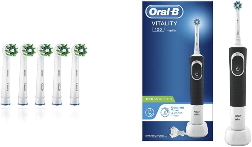 Oral-B CrossAction - Cabezales para cepillo de dientes eléctrico (5 unidades, cerdas CleanMaximiser) & Vitality 100 Cepillo de Dientes Eléctrico con Mango Recargable, Tecnolog,Negro