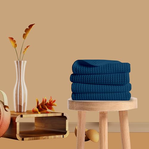Image of Cotton Rich Waffle Towel | Lightweight | Anti Microbial and Water Absorbent | Soft Touch Quick Drying Hand Towels (Navy Blue, Pack of 4)