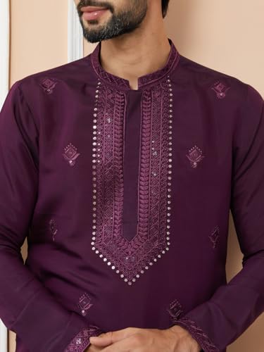 Image of See Designs Men's Long Sleeve Mandarin Collar Side Slit Off-White Embroidered Chanderi Silk Straight Kurta