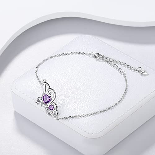 Purple Butterfly Heart Bracelets Women 925 Sterling Silver Animal Butterflies February Created Amethyst Birthstone Amethyst Link Adjustable Bracelet Crystal Wedding Birthday Jewelry Db0118F #TOP1