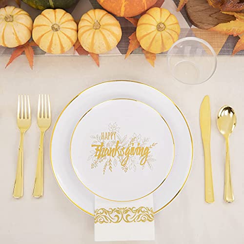 Noccur 175Pcs Thanksgiving Plates & White And Gold Plastic Plates-Including 25Dinner Plates And 25Dessert Plates And 25Silverware And 25Cup And 25Napkins For Thanksgiving Theme Party #TOP3