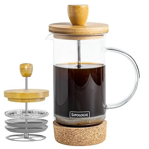 Image of Sipologie Kumaon French Press Coffee Maker 350ml I Nature Inspired Wooden Lid and Cork Base | Premium Heat Resistant Borosilicate Glass I With Coffee Spoon and Extra Filter Mesh | 1 Cup