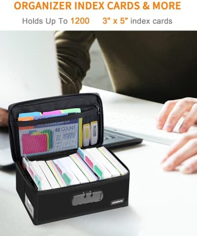 Index Card Box with Lock,Collapsible Fireproof Index Card Holder fits 1200 Pieces 5x3"(127 x 76mm) Note,Business,Recipe,or Flash Card Storage Boxes - Black