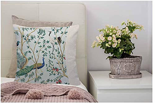 Wozukia Vintage Garden Pomegranate Fruit Tree Pillow Cover,Decorative Throw Pillow Exotic Bird Peacock Floral Exotic Chinoiserie Blue Pillow Cases Cotton Linen Cushion Cover For Home Couch 18X18 In #TOP3