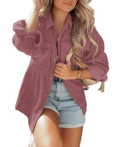 Womens Corduroy Peplum Shacket Jacket Long Sleeve Button Down Babydoll Shirts Oversized Casual Blouses Tops2