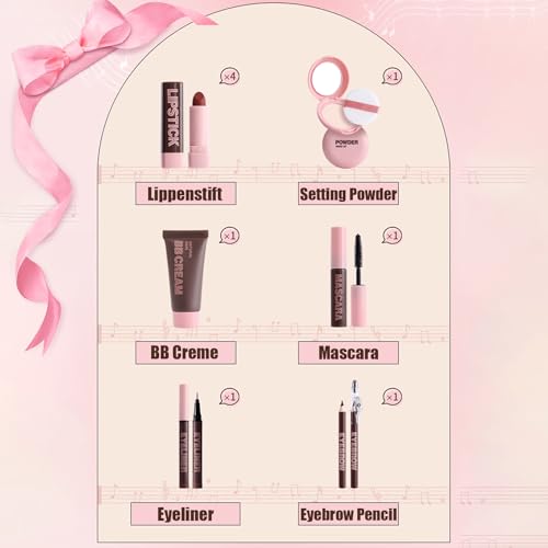 All in One Make Up Set, 9 Stück Make-up Geschenk für Frauen Mädchen Komplette Kosmetik Starter Kit Lippenstift, BB Creme, Puder, Mascara, Eyeliner, Augenbrauenstift