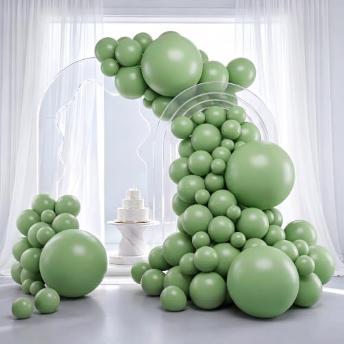 RUBFAC 129pcs Vintage Green Balloons Different Sizes 18 12 10 5 Inches Sage Green Latex Balloon Garland Arch for Masquerade Party Decorations Birthday Baby Shower Wedding Party Supplies