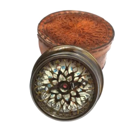 Brújula magnética náutica de latón antiguo con caja de regalo grabada en cuero miniatura 1