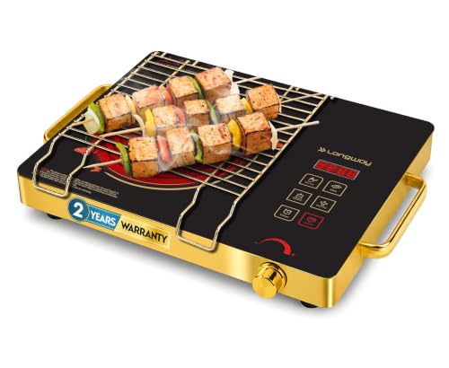 Image of Longway Infralite Pro 2200W Infrared Induction Cooktop with Steel Grill Rack, Crystal Glass Top, Touch Panel & Digital Display, 4 Preset Modes - Stir Fry, BBQ, Hot Pot & Steam, Golden