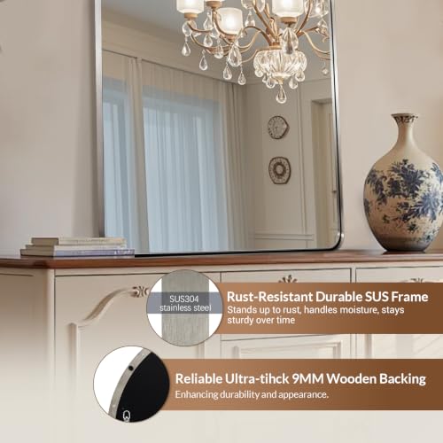 Image of ANDY STAR Arched Wall Mirror, 24 x 38 Inch Brushed Nickle Bathroom Mirror in Stainless Steel Metal Frame, Arch Top Rounded Corner 1 Inch Deep Set Design Wall Mount Hangs Vertical