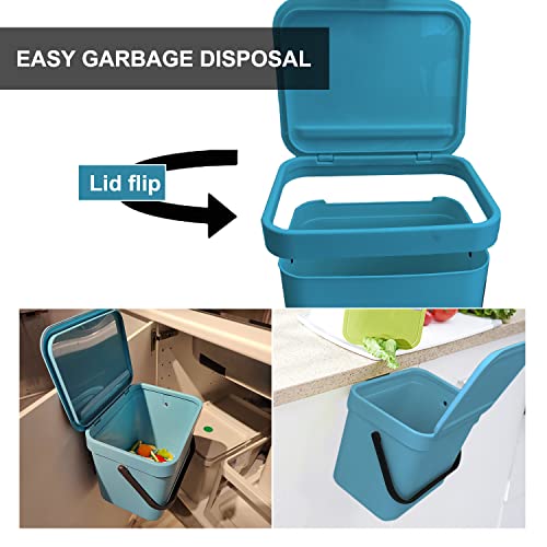 Yatmung Kitchen Compost Bin Countertop With Lid - Small Hanging Trash Can Wall Mounted Indoor - Food Waste - Bathroom/Office/Laundry Room/Counter/Cabinet Door/Under Sink Garbage Bucket （Blue） #TOP1