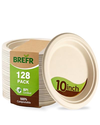 BREFR 128 Pack 10 Inch Compostable Plates, Biodegradable Heavy Duty