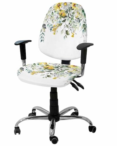 Flowers Eucalyptus 2 Pieces Computer Office Chair Covers Set,Stretchable Desk Rotating Chair Seat Cushion Slipcover Back Covers,Rustic Botanical Daisy Leaves Floral Slipcover Back Cover Protector