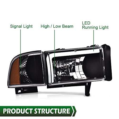 Image of GRAND ORANGE Led Drl Headlights Assembly, Compatible with Dodge Ram 1500 2500 3500 1994 1995 1996 1997 1998 1999 2000 2001 2002 Clear lens Black Housing Amber Reflector