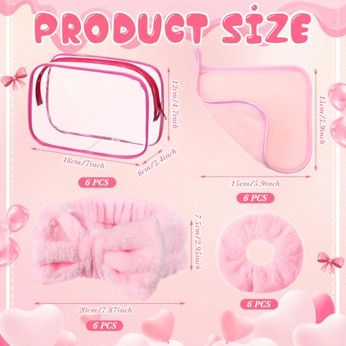24 Pieces Sleepover Party Supplies Spa Party Favors 6 Spa Headband 6 Velvet Scrunchies 6 Makeup Remover Cloth 6 Clear Cosmetic Bags for Slumber Gift(Pink)2