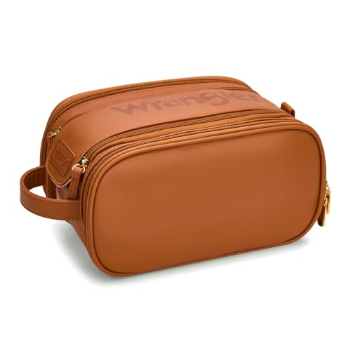 Montana West X Wrangler Large Makeup Bag Travel Toiletry Bag Portable Cosmetic Bag Make Up Organizer with Divider and Handle for Women Brown