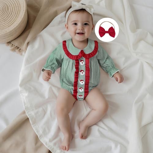 FYBITBO Newborn Baby Girl Christmas Outfit Santa Ruffle Bubble Romper Peter Pan Collar Onesie Plaid Jumpsuit Smocked Outfits4