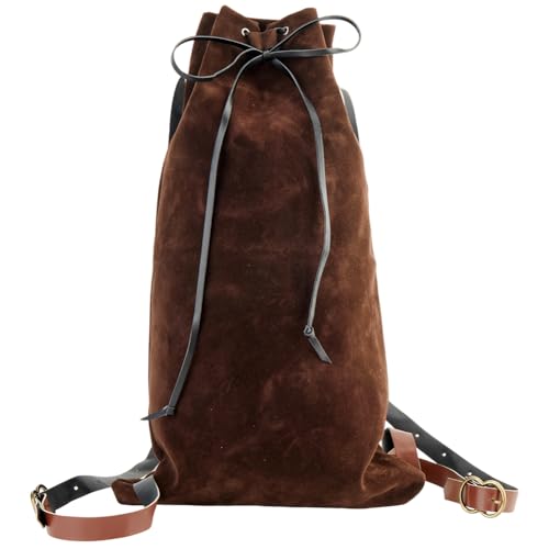 Image of GORGECRAFT Medieval Backpack Drawstring Fibre Bag with PU Leather Straps and Alloy Clasps Portable Pouch for Viking LARP Renaissance Outdoor Activities Cosplay Gym Workout Saddle Brown 18x10.8 inch