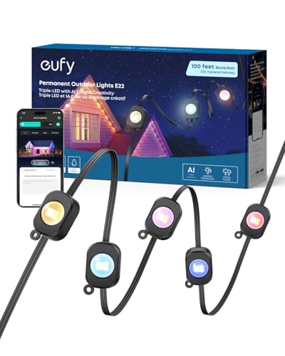 eufy Permanent Outdoor Lights E22, 100ft with 60 Triple-LED Lights, Smart RGBWW, Daily and Holiday, Up to IP67 Waterproof, AI Lighting Themes for Halloween, Christmas, Links with Cameras, Black