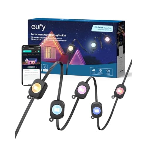 eufy Permanent Outdoor Lights E22, 100ft with 60 Triple-LED Lights, Smart RGBWW, Daily and Holiday, Up to IP67 Waterproof, AI Lighting Themes for Hall