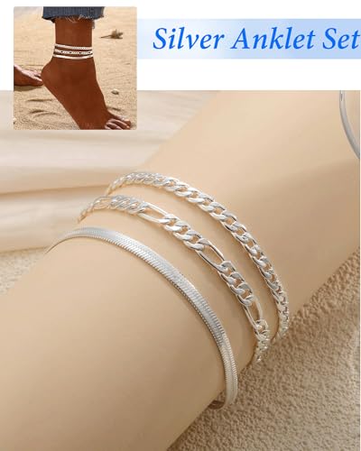 Image of ZHESHY Gold Silver Ankle Bracelets for Women 14K Gold Plated Anklets for Women Waterproof Cuban Link Heart Chain Anklets Set Non Tarnish Dainty Layered Anklet Bracelets for Women Summer Beach Jewelry