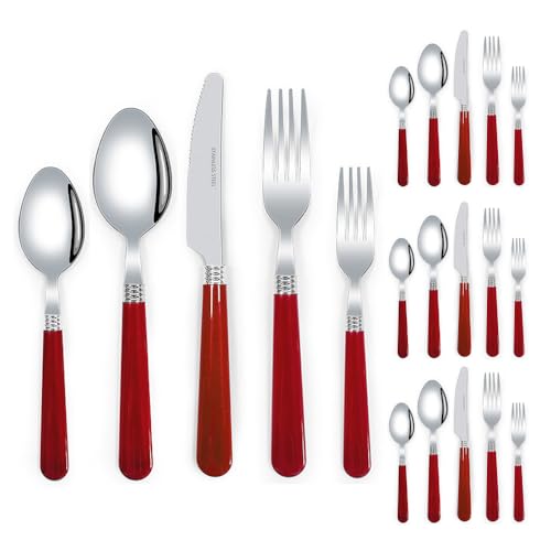 Thickened Plastic Handle Kitchen Stainless Steel Silverware Tableware Flatware Cutlery Set Steak Knife Fork Spoon Teaspoon (Red,20 Pieces)