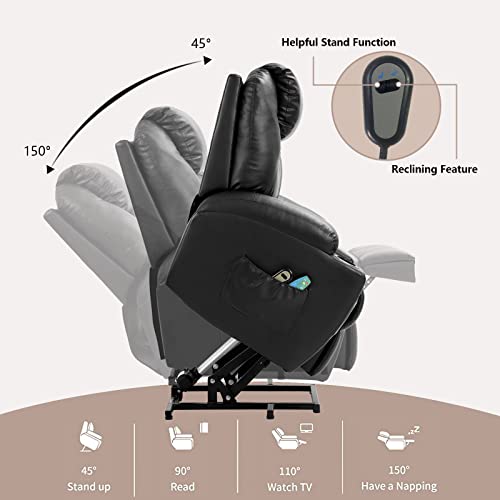 MAGIC UNION Power Lift Recliner Chair Sofa with Massage and Heat Vibration, Electric Lift Chairs Recliners for Elderly Catnap with Remote Controls, Side Pockets and Cup Holders, Faux Leather (Black)