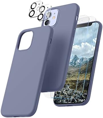 CALOOP 5 in 1 Designed for iPhone 12 Case and iPhone 12 Pro Case 6.1", with 2 Pack Screen Protector & 2 Pack Camera Lens Protector, Silky-Soft Liquid Silicone Gel Slim Shockproof Cover, Navy Blue