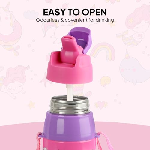 Image of CELLO Kidzbee Puro Steel-X Hydro Kid 600 Insulated Kids Sipper Water Bottle 520ml Pink | Touch & Feel Minnie Design Easy to Carry with Loop Leakproof Flip Top Water Bottle For School Kids Boys & Girls
