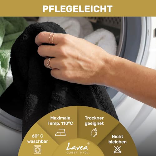 Lavea® 5er Set Gästehandtücher 30x50 cm, Weiche & Saugstarke Gästetücher aus 100% Baumwolle, Frottierserie Elena, Waschbar 60°C, Trocknergeeignet - Schwarz